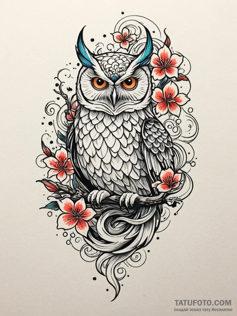 Owl charm catching starlight, tattoo drawing... - эскиз тату (№1751944222_0, 08.07.2025 03:10) — Tatufoto.com