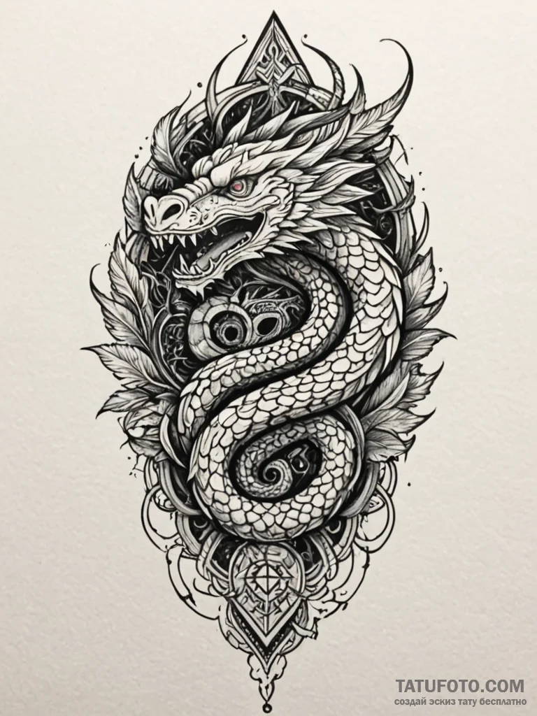 Feathered serpent through obsidian spire, tat... - эскиз тату (№1751944390_0, 08.07.2025 03:13) — Tatufoto.com