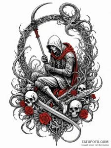 Scythe, cold and sharp, resting on a pile of... - эскиз тату (№1751944559_0, 08.07.2025 03:15) — Tatufoto.com
