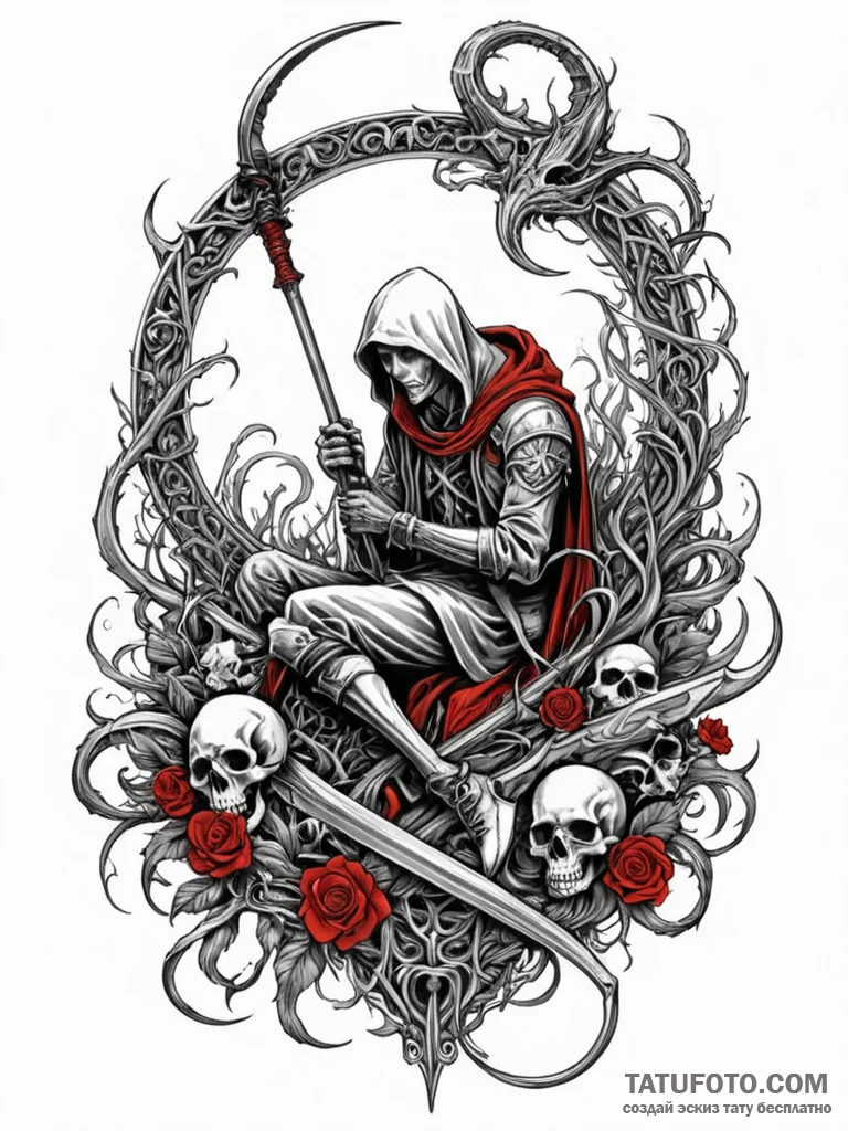 Scythe, cold and sharp, resting on a pile of... - эскиз тату (№1751944559_0, 08.07.2025 03:15) — Tatufoto.com