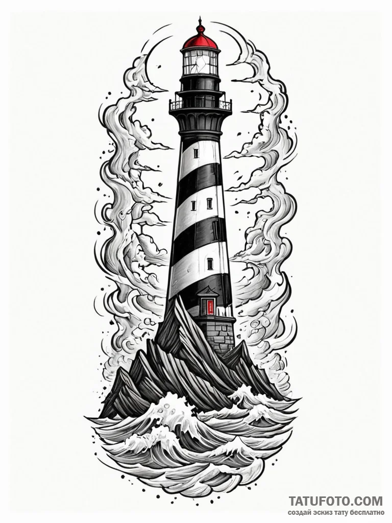 A towering lighthouse beacon against a stormy... - эскиз тату (№1751945234_0, 08.07.2025 03:27) — Tatufoto.com