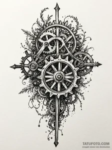 Rusted gears of a forgotten machine, overgrow... - эскиз тату (№1751945656_0, 08.07.2025 03:34) — Tatufoto.com