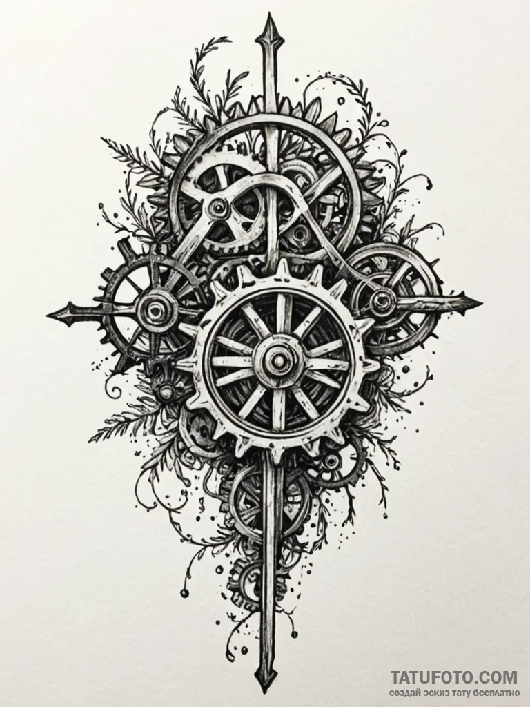 Rusted gears of a forgotten machine, overgrow... - эскиз тату (№1751945656_0, 08.07.2025 03:34) — Tatufoto.com