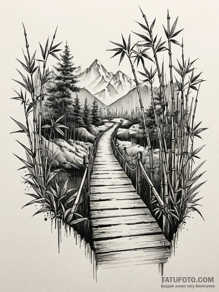 A detailed bamboo bridge, natural,, ink illus... - эскиз тату (№1751946242_0, 08.07.2025 03:44) — Tatufoto.com