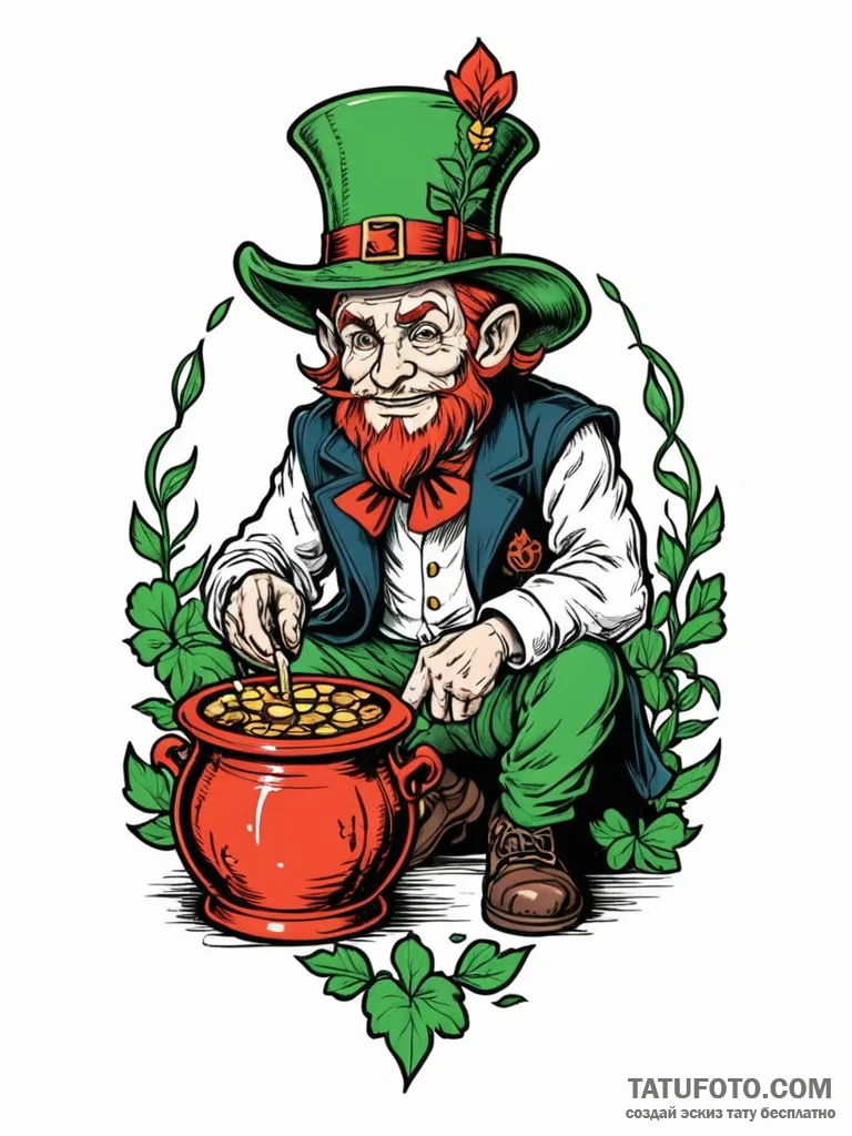 Leprechaun guarding a pot of cursed gold, tat... - эскиз тату (№1751946409_0, 08.07.2025 03:46) — Tatufoto.com