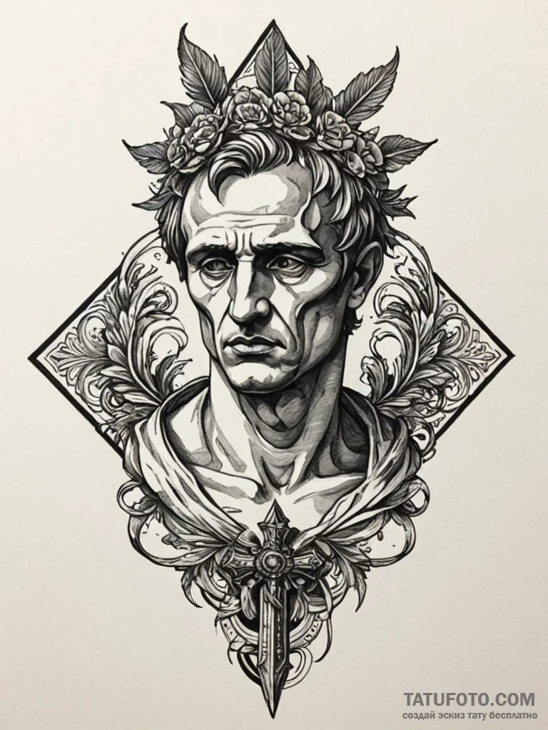 Caesar's bust with a dagger's shadow falling... - эскиз тату (№1751946577_0, 08.07.2025 03:49) — Tatufoto.com