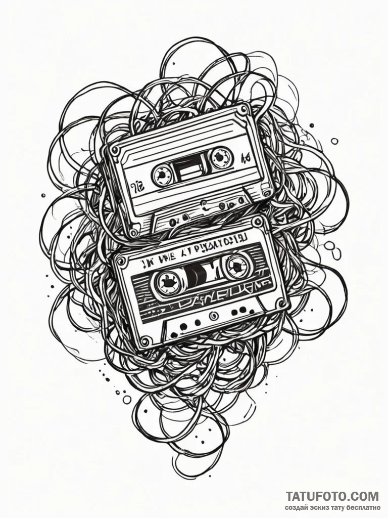Magnetic tape from a cassette, tangled, ink i... - эскиз тату (№1751947839_0, 08.07.2025 04:10) — Tatufoto.com