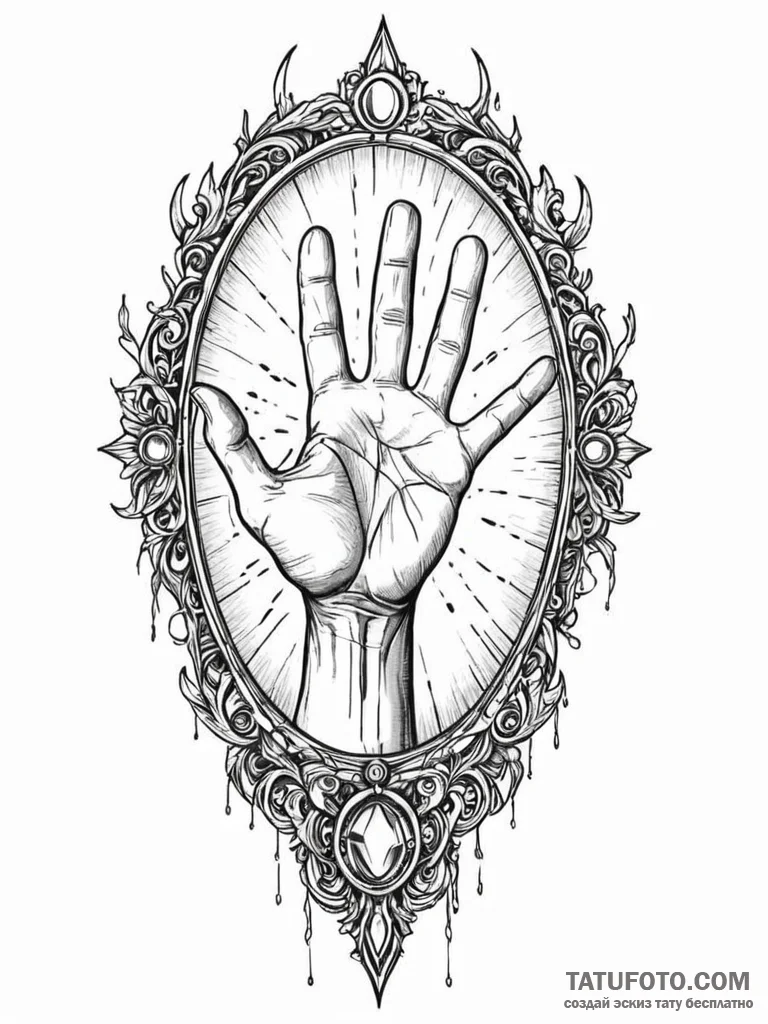 Clawed hand emerging from a cracked mirror, c... - эскиз тату (№1751948761_0, 08.07.2025 04:26) — Tatufoto.com