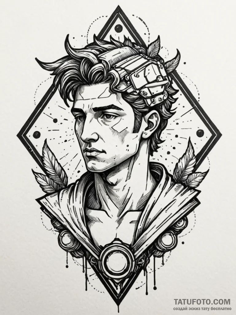Apollo's bust, but with a glitching, cyberpun... - эскиз тату (№1751948929_0, 08.07.2025 04:28) — Tatufoto.com