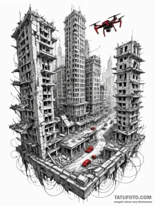 Racing drone navigating the ruins of a collap... - эскиз тату (№1751949519_0, 08.07.2025 04:38) — Tatufoto.com