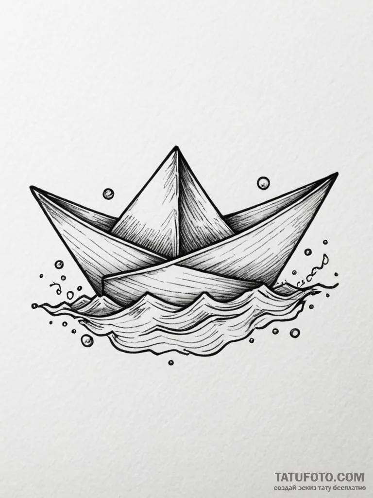 Paper boat floating on a minimalist wave, tat... - эскиз тату (№1751950022_0, 08.07.2025 04:47) — Tatufoto.com