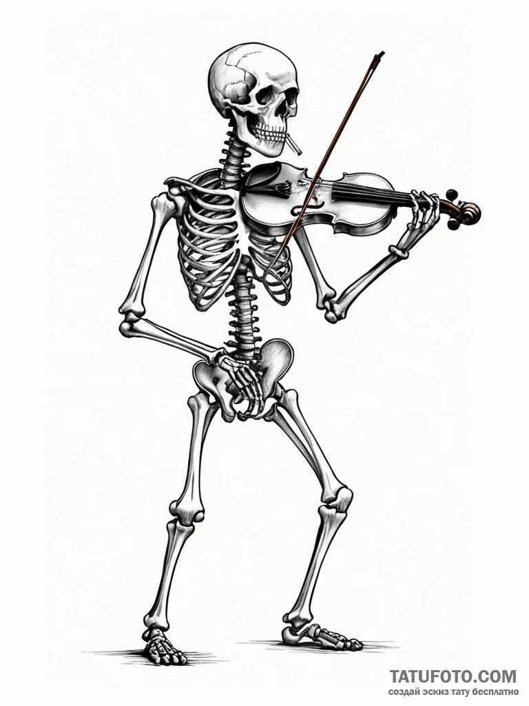 A skeleton playing a violin made of bone, con... - эскиз тату (№1751950607_0, 08.07.2025 04:56) — Tatufoto.com