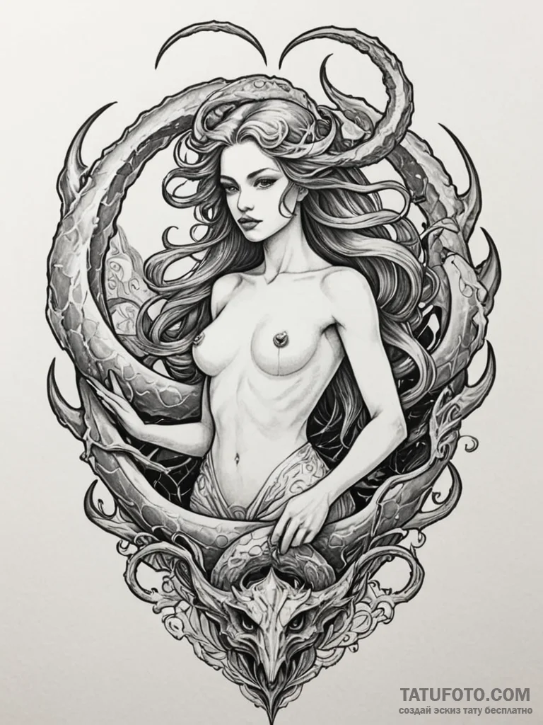 Abyssal siren with sharp teeth, concept art f... - эскиз тату (№1751951448_0, 08.07.2025 05:10) — Tatufoto.com