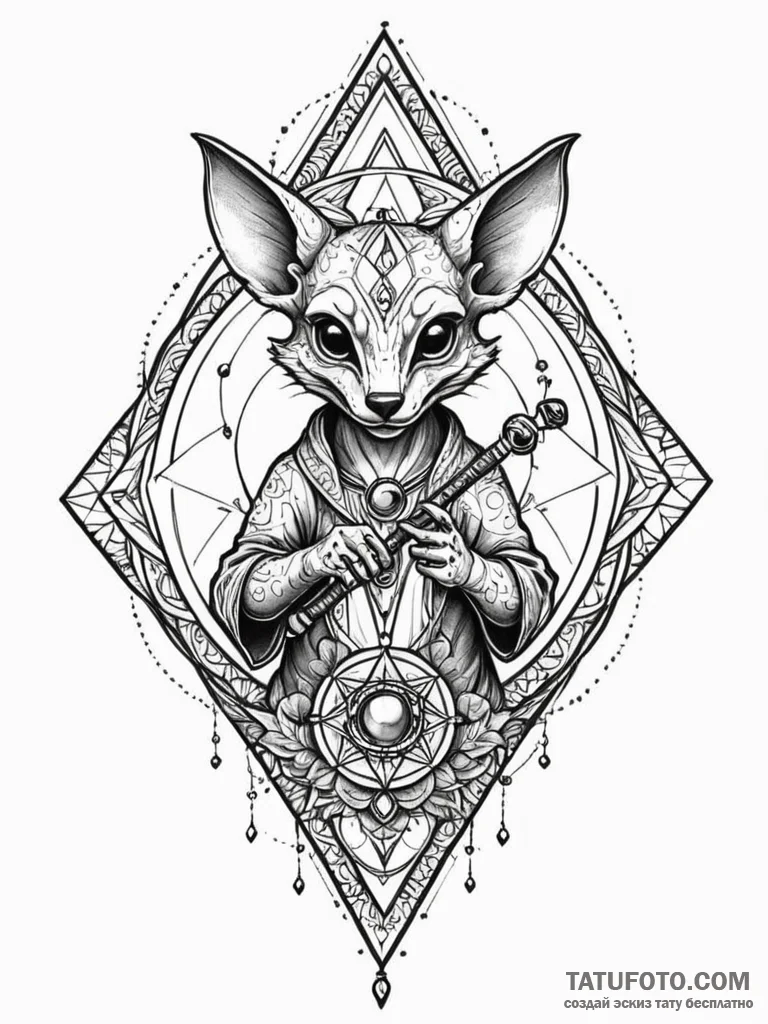 Kobold holding gemstone staff, tattoo flash s... - эскиз тату (№1751951532_0, 08.07.2025 05:12) — Tatufoto.com