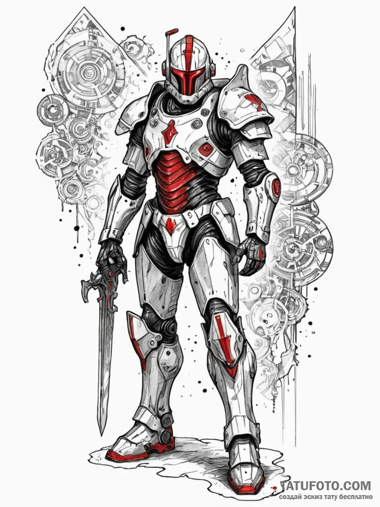 Knight in futuristic power armor, holding a h... - эскиз тату (№1751951616_0, 08.07.2025 05:13) — Tatufoto.com