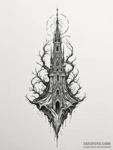 Ravenous roots tearing through spire, tattoo... - эскиз тату (№1751952203_0, 08.07.2025 05:23) — Tatufoto.com