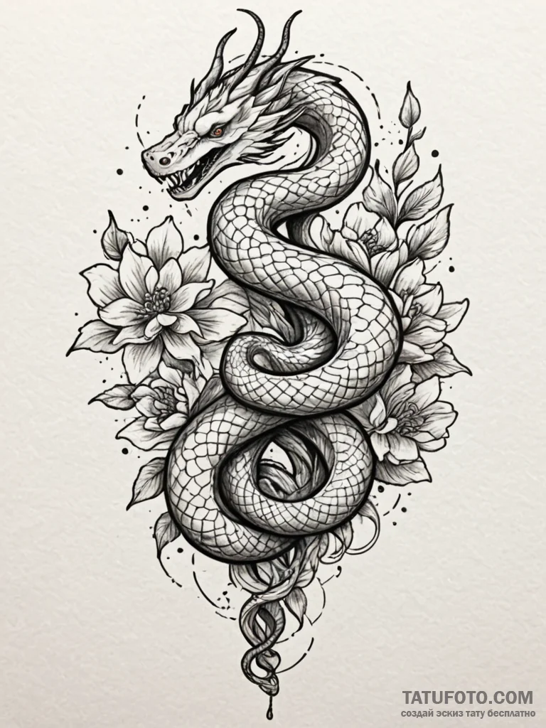 Ice serpent beneath celestial bloom, tattoo d... - эскиз тату (№1751952456_0, 08.07.2025 05:27) — Tatufoto.com