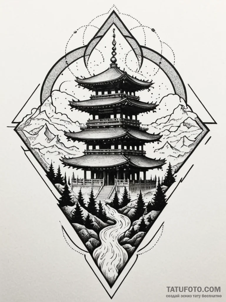 Temple beneath spectral storm, tattoo flash s... - эскиз тату (№1751952792_0, 08.07.2025 05:33) — Tatufoto.com