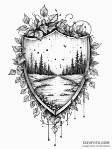 Broken shield overgrown with ivy, ink illustr... - эскиз тату (№1751952961_0, 08.07.2025 05:36) — Tatufoto.com