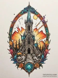 Root-covered tomb beneath shattered spire, ta... - эскиз тату (№1751953044_0, 08.07.2025 05:37) — Tatufoto.com