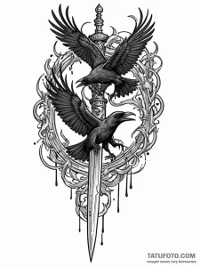 Dagger circled by crows, tattoo line art, on... - эскиз тату (№1751953129_0, 08.07.2025 05:38) — Tatufoto.com