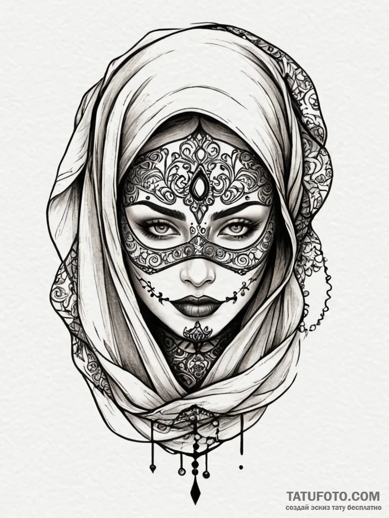 Mask veiled by crescent veil, tattoo sketch d... - эскиз тату (№1751953633_0, 08.07.2025 05:47) — Tatufoto.com