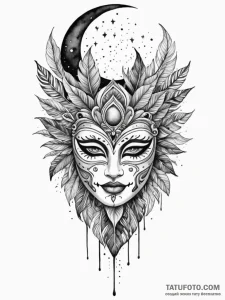 Jungle mask beneath spectral moon, tattoo fla... - эскиз тату (№1751954890_0, 08.07.2025 06:08) — Tatufoto.com