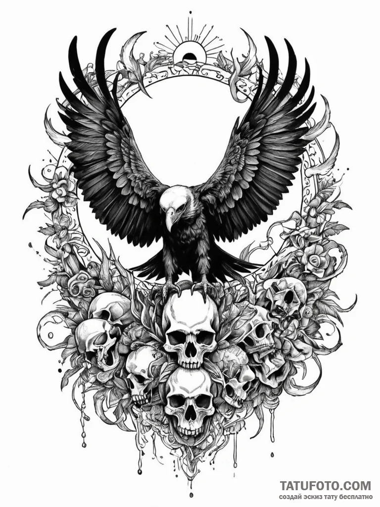 Vulture perched on a sun-bleached animal skul... - эскиз тату (№1751955058_0, 08.07.2025 06:10) — Tatufoto.com