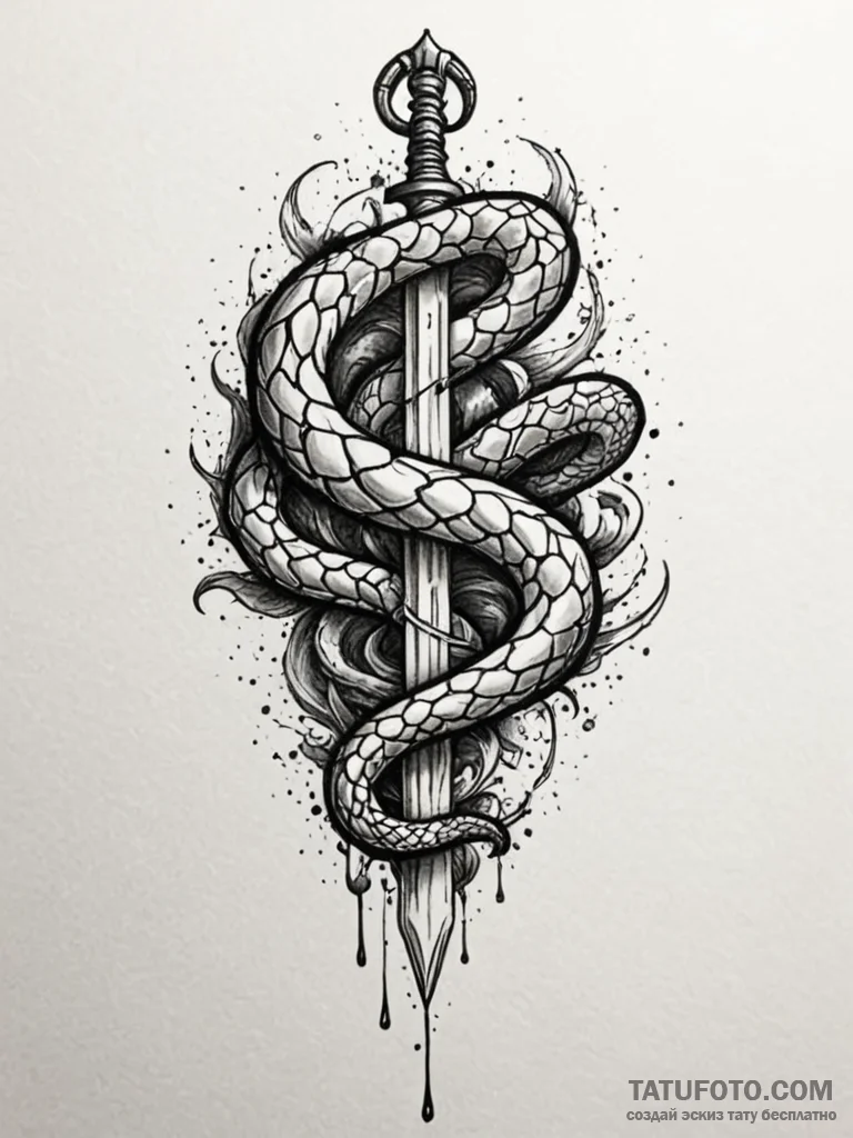 Bone serpent curled around dagger, tattoo dra... - эскиз тату (№1751955478_0, 08.07.2025 06:17) — Tatufoto.com