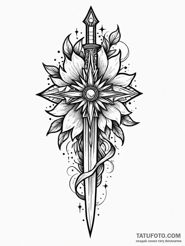 Jagged dagger beneath celestial bloom, artist... - эскиз тату (№1751955563_0, 08.07.2025 06:19) — Tatufoto.com