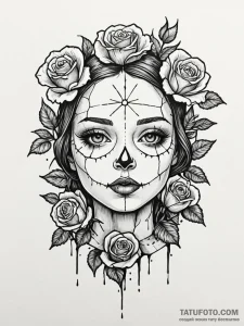 Cracked porcelain doll face with a single, pe... - эскиз тату (№1751955729_0, 08.07.2025 06:22) — Tatufoto.com