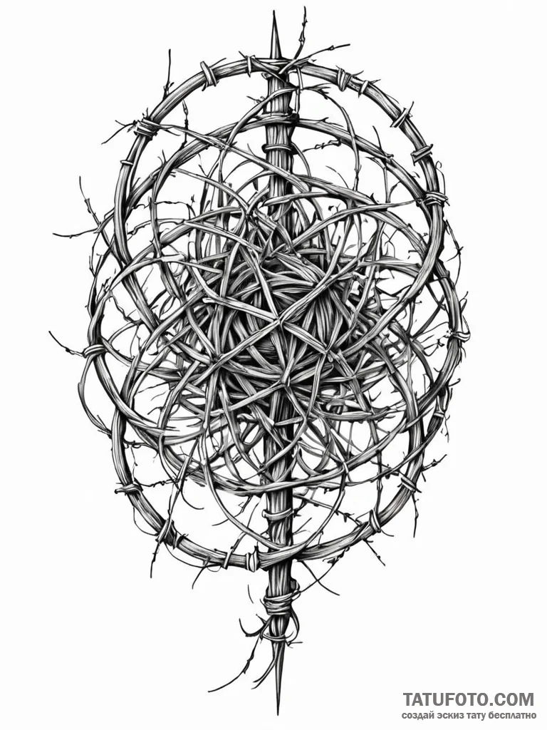 Tumbleweed made of tangled barbed wire, tatto... - эскиз тату (№1751956066_0, 08.07.2025 06:27) — Tatufoto.com