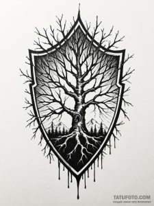 Broken shield buried in roots, ink illustrati... - эскиз тату (№1751958598_0, 08.07.2025 07:09) — Tatufoto.com