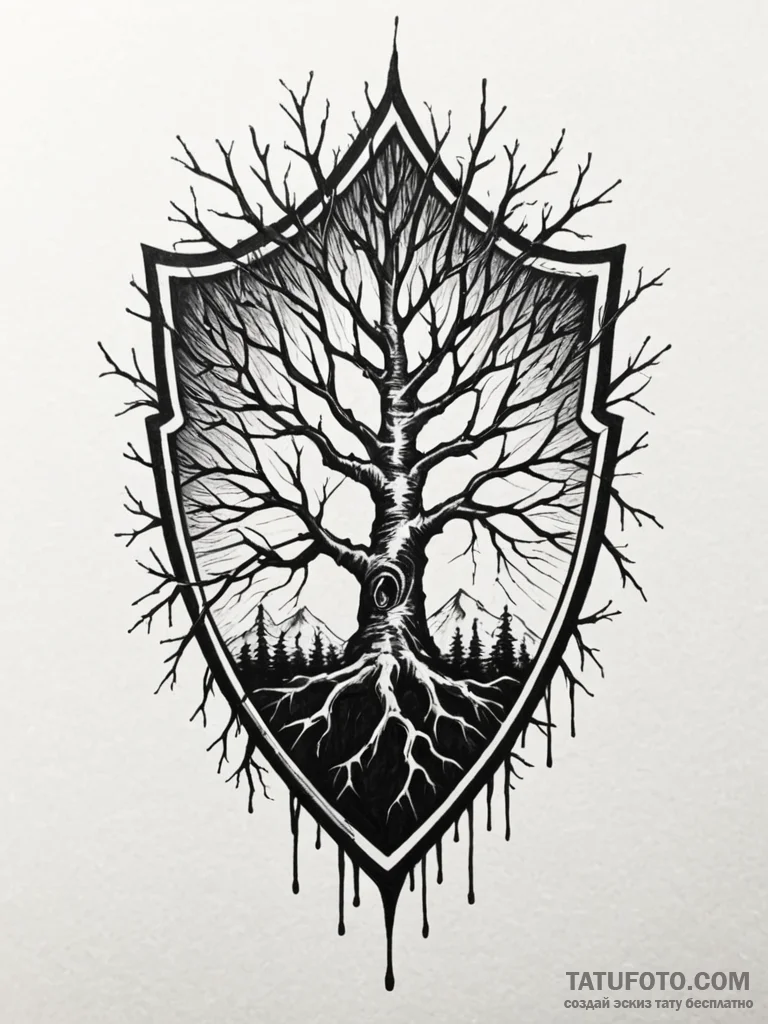 Broken shield buried in roots, ink illustrati... - эскиз тату (№1751958598_0, 08.07.2025 07:09) — Tatufoto.com