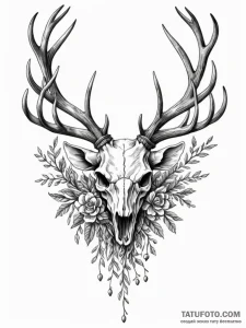 Skull of a deer with antlers of living branch... - эскиз тату (№1751958683_0, 08.07.2025 07:11) — Tatufoto.com