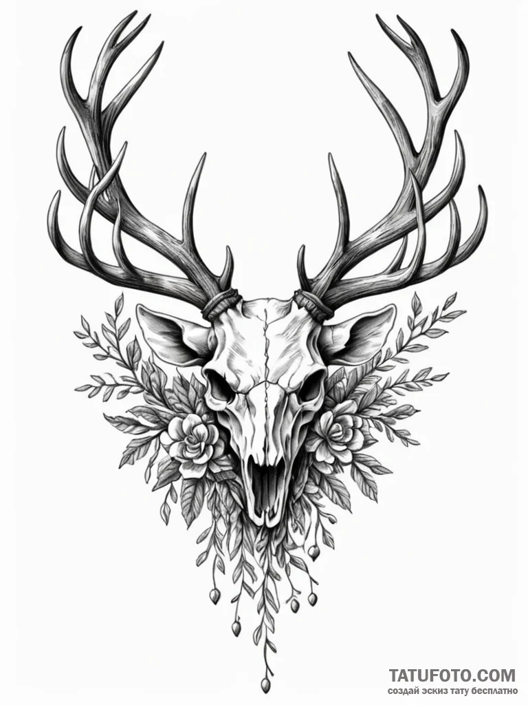 Skull of a deer with antlers of living branch... - эскиз тату (№1751958683_0, 08.07.2025 07:11) — Tatufoto.com