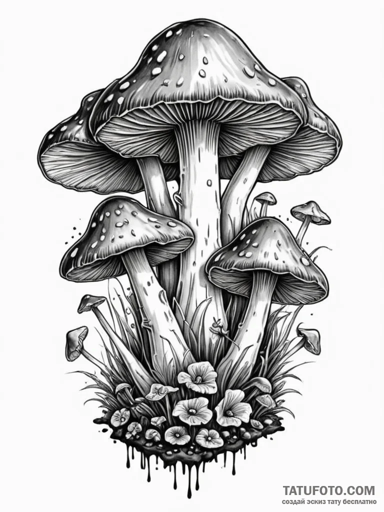 Mushroom spores devouring relic, ink illustra... - эскиз тату (№1751959981_0, 08.07.2025 07:33) — Tatufoto.com