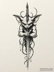 Imp sharpening a tiny dagger on a whetstone,... - эскиз тату (№1751960156_0, 08.07.2025 07:35) — Tatufoto.com