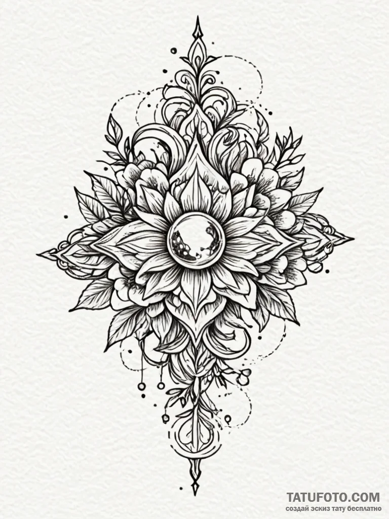 Ghostly crown beneath celestial bloom, tattoo... - эскиз тату (№1751960407_0, 08.07.2025 07:40) — Tatufoto.com