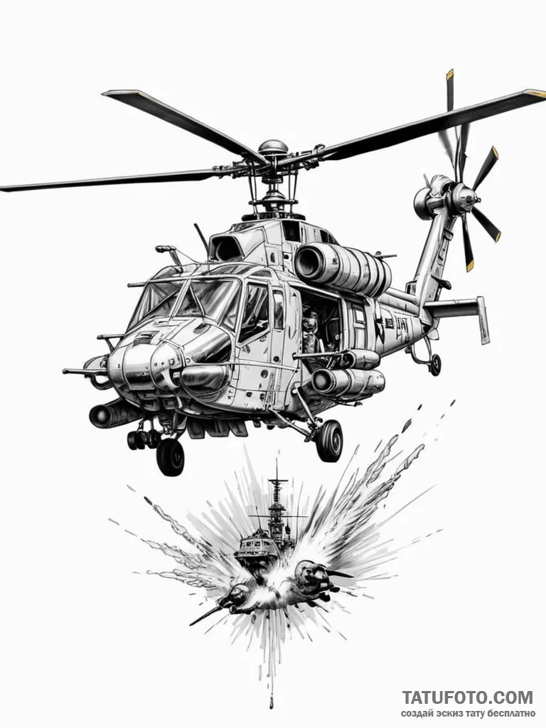Helicopter gunship (e.g., apache) unleashing... - эскиз тату (№1751960829_0, 08.07.2025 07:47) — Tatufoto.com