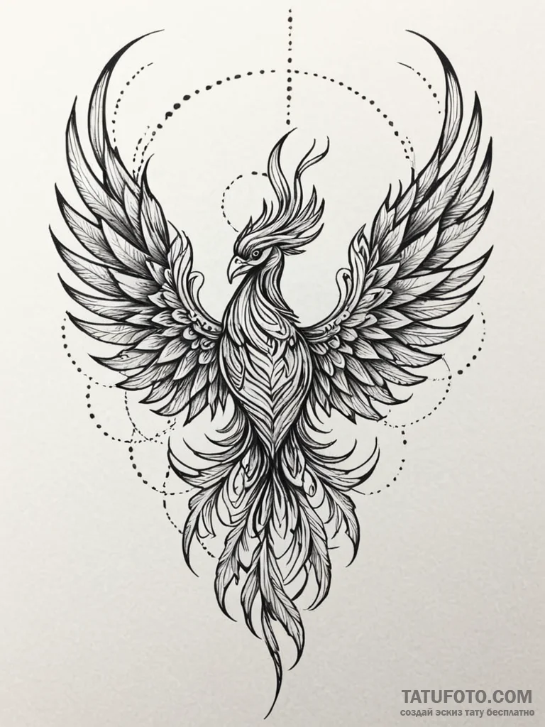 Ashen phoenix with metallic feathers, tattoo... - эскиз тату (№1751960996_0, 08.07.2025 07:49) — Tatufoto.com