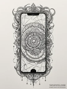 A detailed broken phone screen, cracked,, con... - эскиз тату (№1751961333_0, 08.07.2025 07:55) — Tatufoto.com