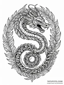 Feathered serpent spiraling upward, ink illus... - эскиз тату (№1751962343_0, 08.07.2025 08:12) — Tatufoto.com