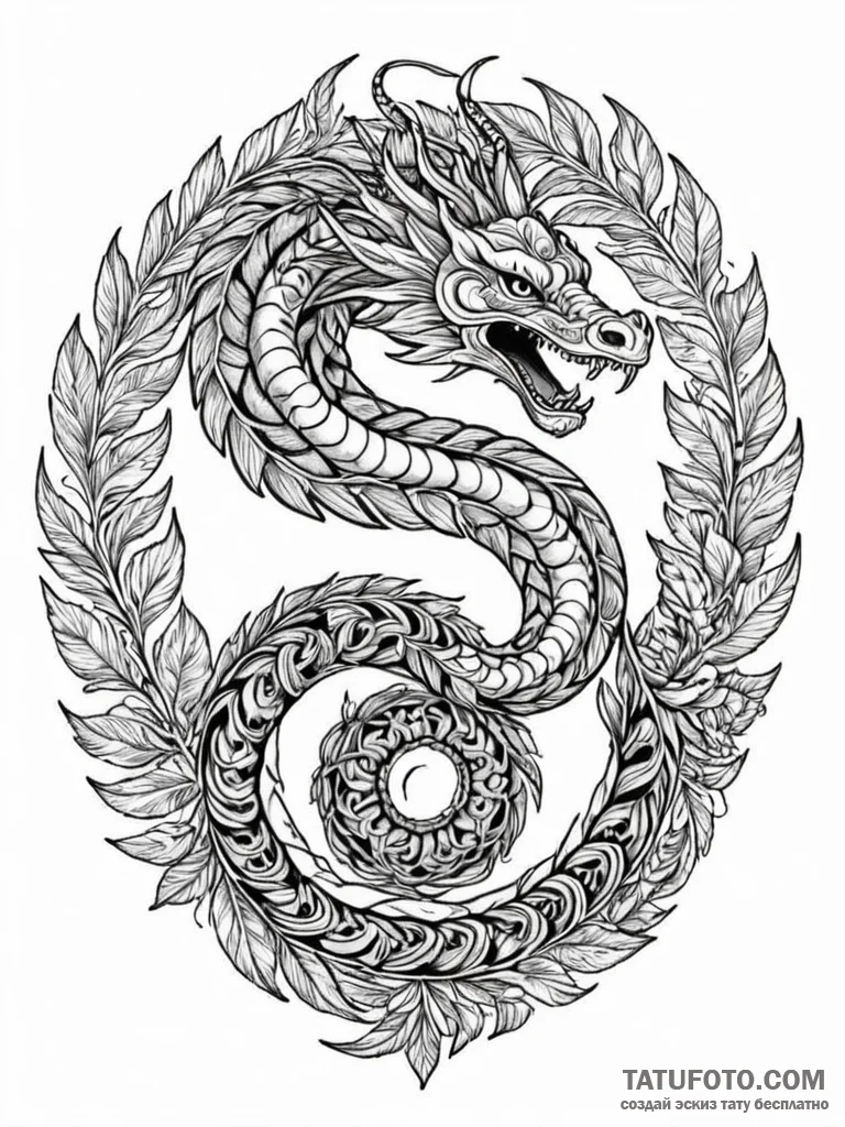 Feathered serpent spiraling upward, ink illus... - эскиз тату (№1751962343_0, 08.07.2025 08:12) — Tatufoto.com