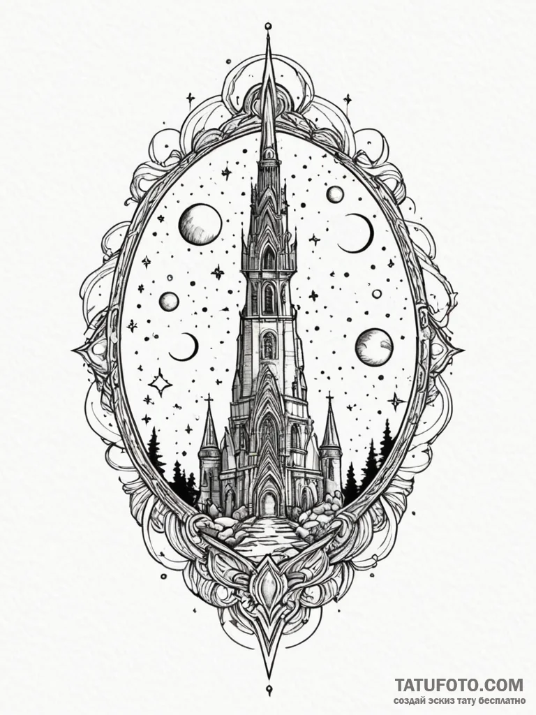 Ivory relic beneath celestial spire, tattoo d... - эскиз тату (№1751962427_0, 08.07.2025 08:13) — Tatufoto.com