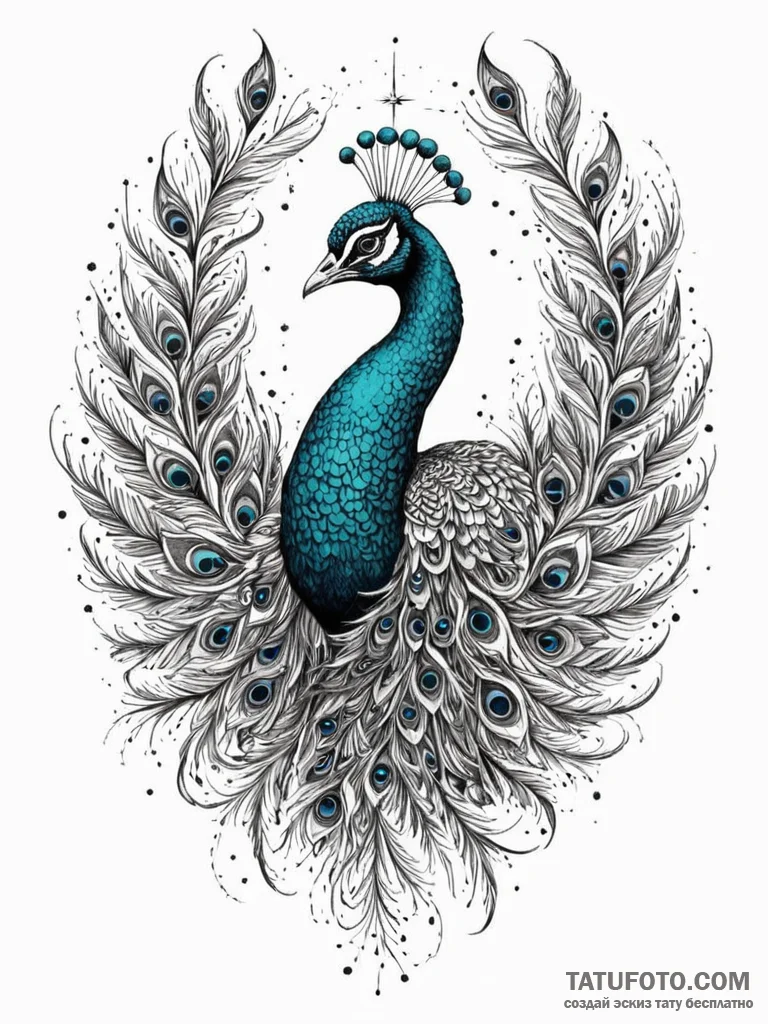 Peacock feathers devouring starlight, concept... - эскиз тату (№1751962512_0, 08.07.2025 08:15) — Tatufoto.com