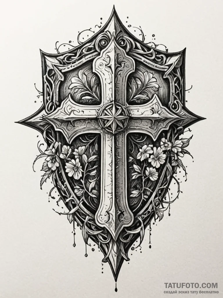 Thorned shield beneath spectral bloom, ink il... - эскиз тату (№1751964195_0, 08.07.2025 08:43) — Tatufoto.com
