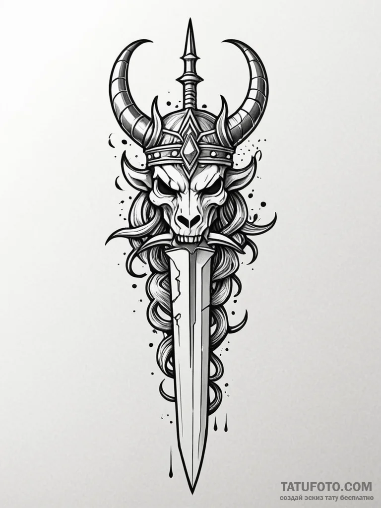 Horned dagger crowned in bone, tattoo drawing... - эскиз тату (№1751964448_0, 08.07.2025 08:47) — Tatufoto.com