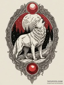 Spectral wolf beneath crimson moon, ink illus... - эскиз тату (№1751964699_0, 08.07.2025 08:51) — Tatufoto.com