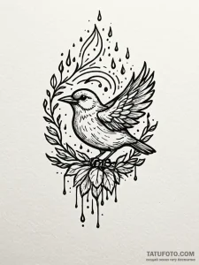 A whimsical bird singing in rain, resilient,,... - эскиз тату (№1751964867_0, 08.07.2025 08:54) — Tatufoto.com